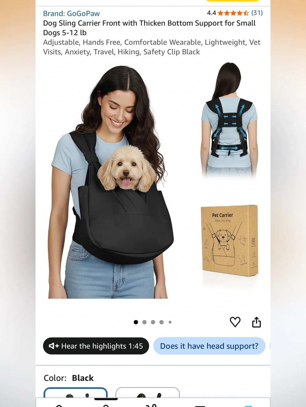 GoGoPaw Dog Sling Carrier Front with Thicken Bottom Support for Small Dogs